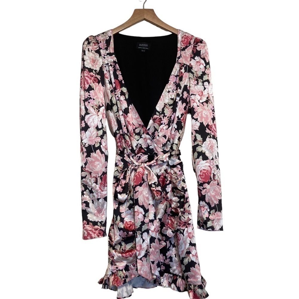 Revolve Bardot SAMARA MINI FLORAL WRAP LONG SLEEVE DRESS IN ROSE GARDEN Medium